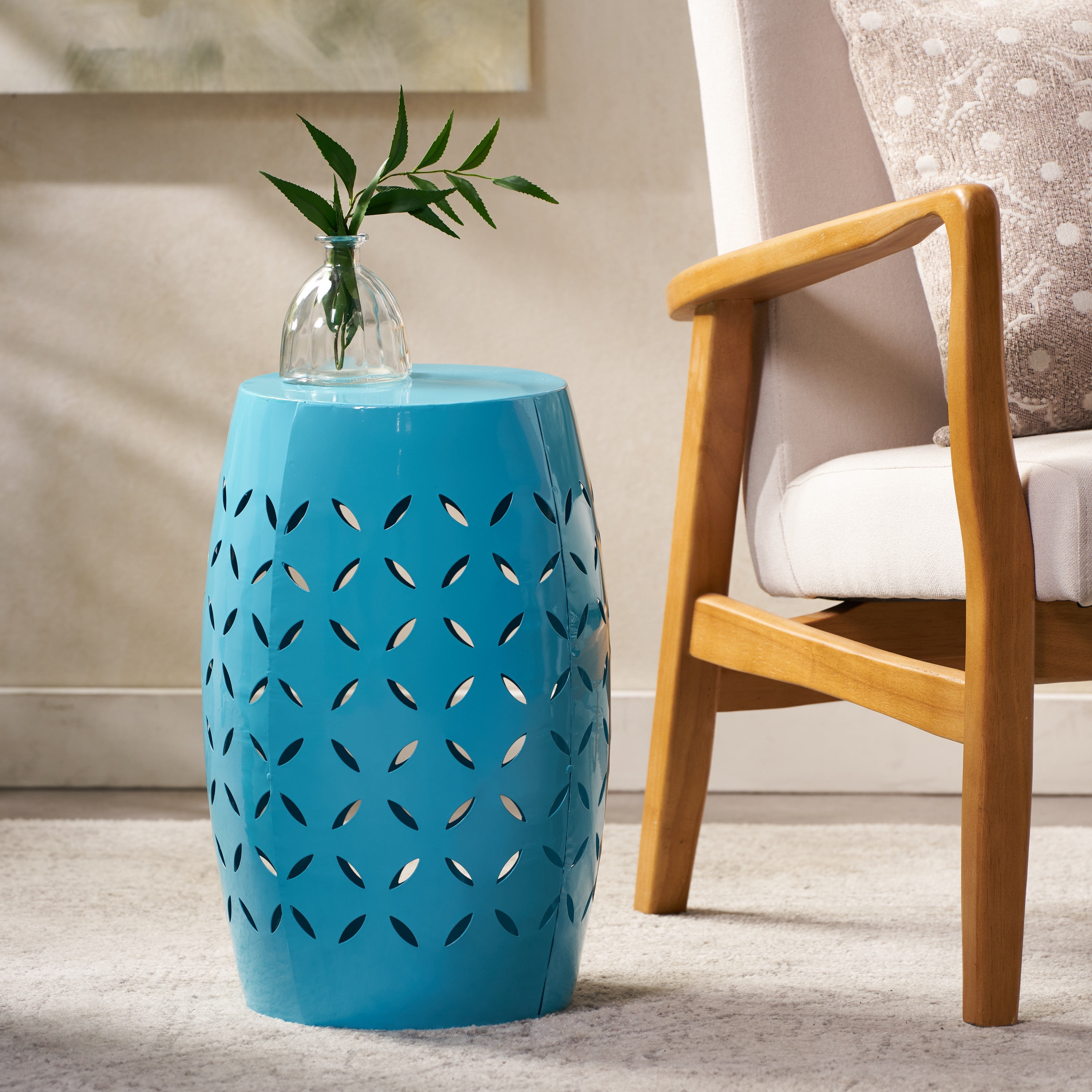 Accent Side Table 12 Inch, Outdoor Cylindrical Design End Table for Patio Balcony, Blue