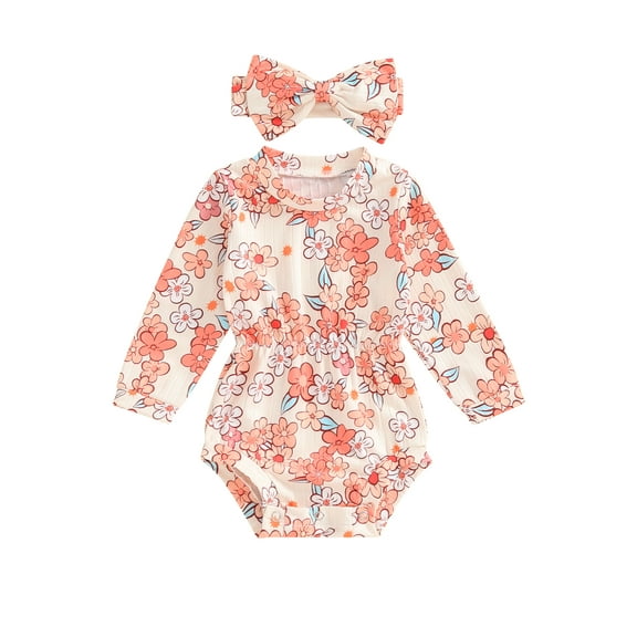 Miaouyo Baby Girls Autumn Romper Long Sleeve O Neck Floral Print Casual Romper with Headband