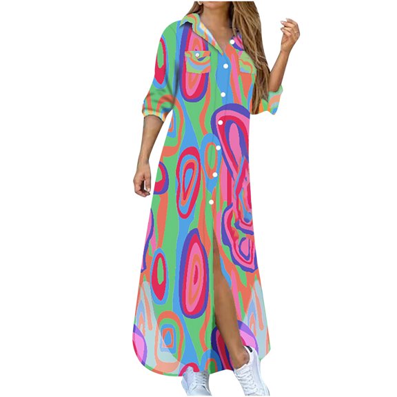 Lilgiuy Women's Casual Lapel Printing Button Single-Breasted Long-sleeve Shirt Split Long Dress Green 2022 Fall Winter
