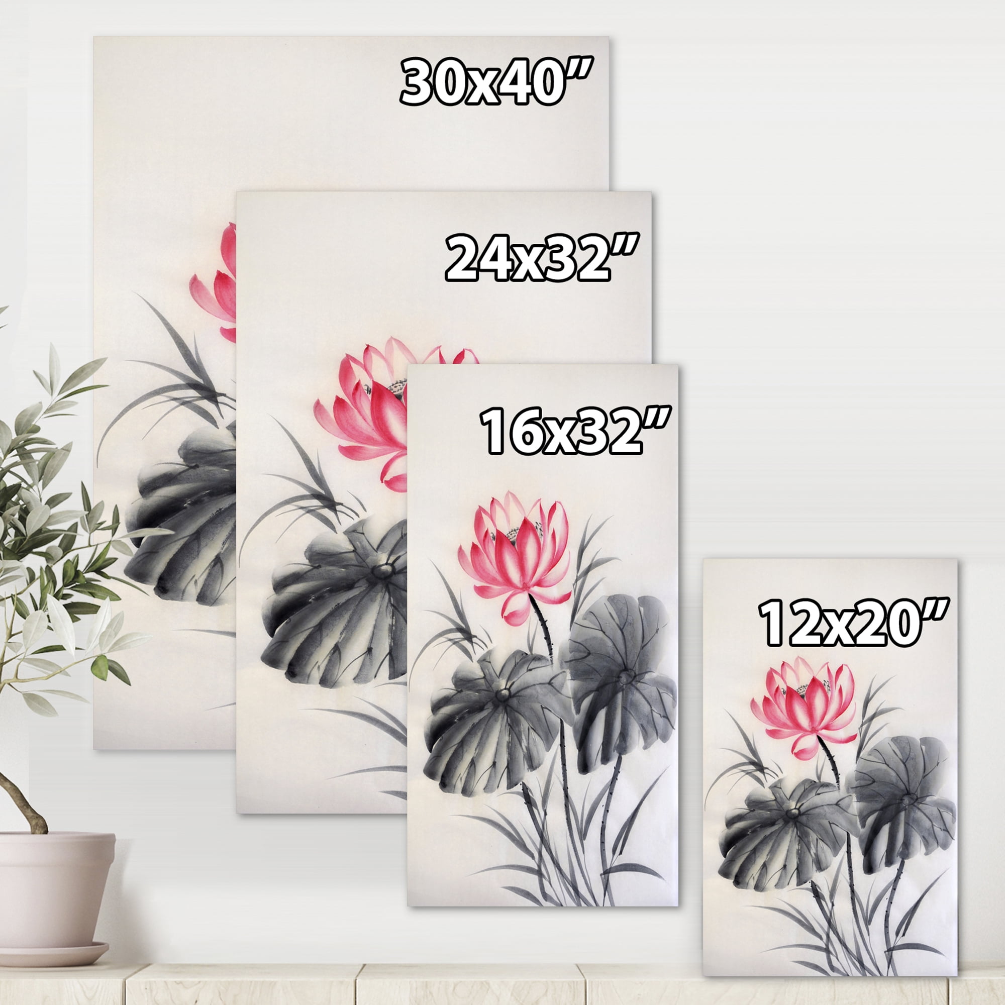 Designart ' Two Monochrome Leaves With Lotus Flower ' Traditional Canvas Wall Art Print