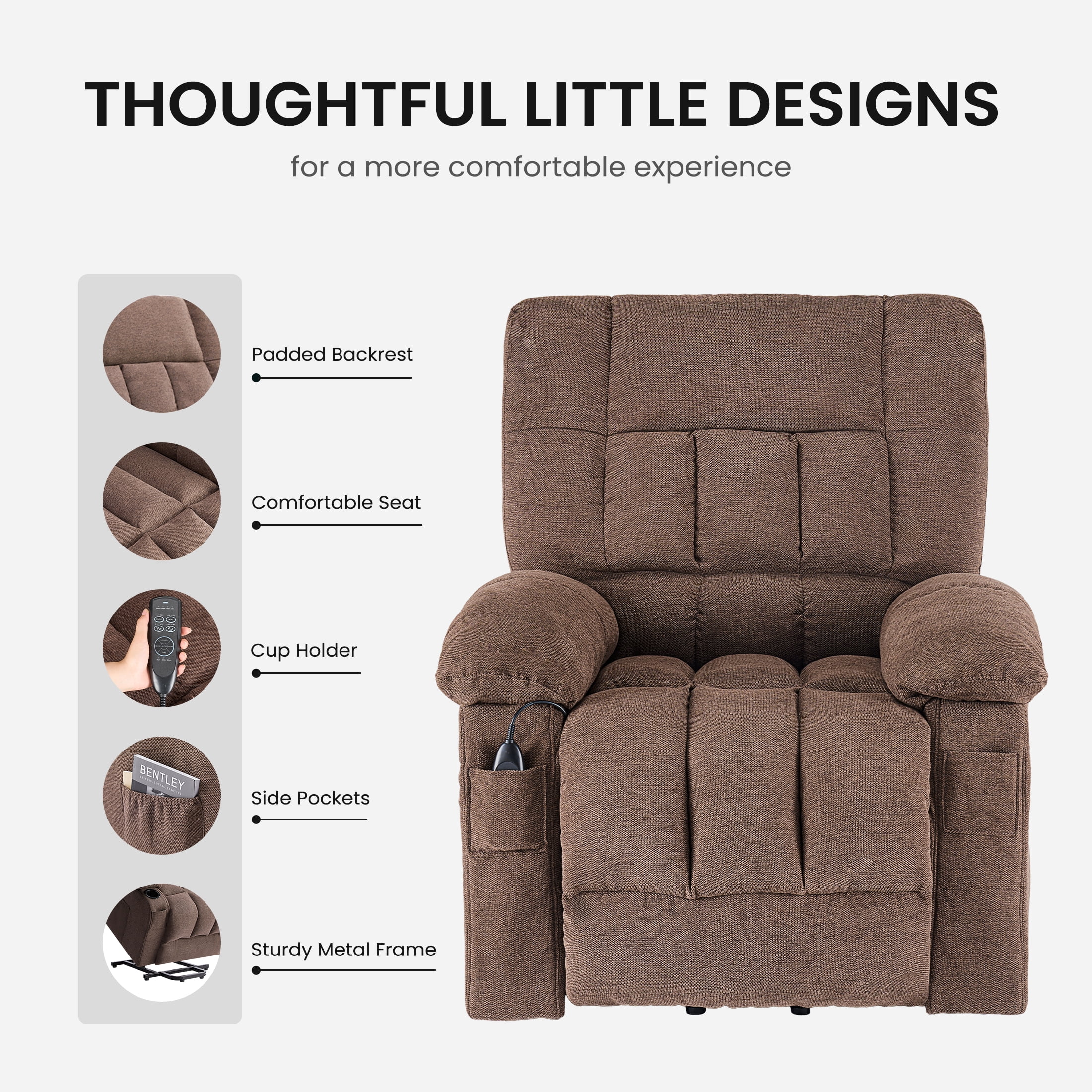 Power Lift Recliner Chair with Vibration Massage and Heat for Elderly, Ergonomic Overstuffed Breathable Fabric Reclining Chair,Brown