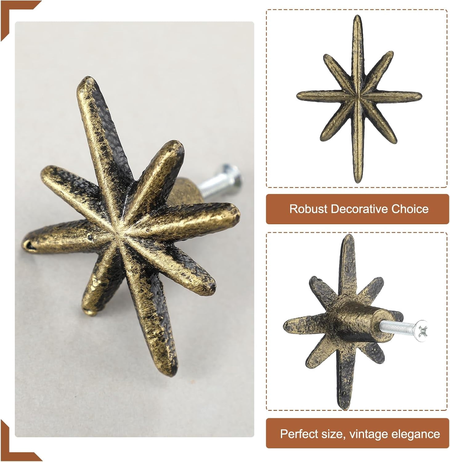 6 Set Unique Antique Gold Cast Iron Drawer Pulls & Cabinet Knobs, 8-Pointed Star Add Mid-Century Modern Charm to Your Decor with Elegant Burst Design