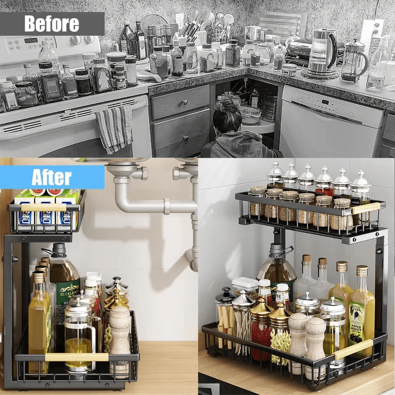 Under Sink Organizer, Height Adjustable Under Sink Organizers and Storage, 2 Tier Pull Out Drawer Cabinet Organizer for Kitchen Bathroom Pantry Closet Organi