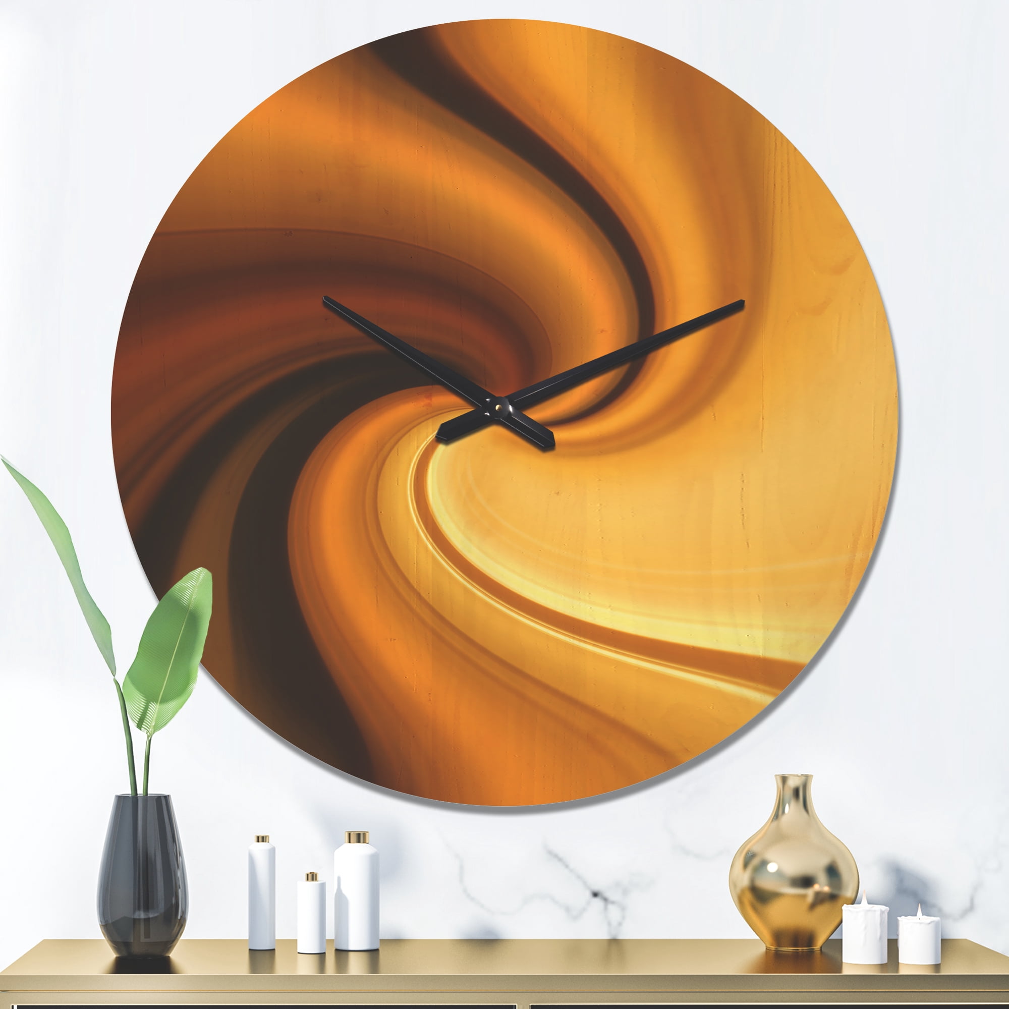 Designart 'Brown and Gold Waves Curved Texture ' Modern Wood Wall Clock