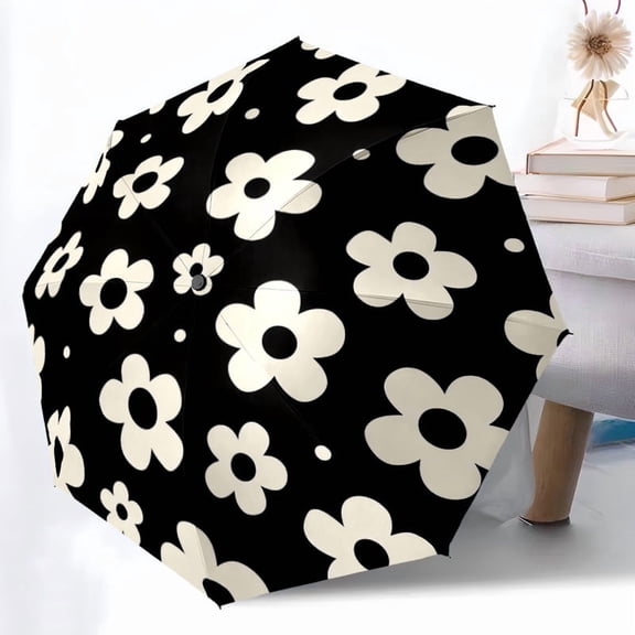 Black and White Flower Print Automatic Folding Umbrella, Portable 8-Rib Windproof Rain Umbrella for Outdoor, Travel, and Daily Use