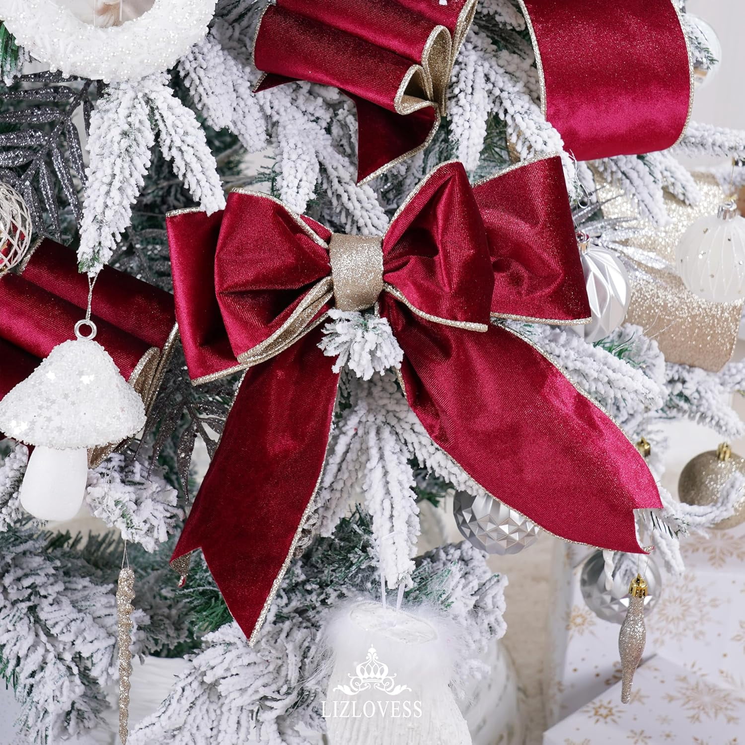 Burgundy Velvet Wired Ribbon with Glitter Back 4 Inch Burgundy and Gold Christmas Ribbon Wired Ribbon for Christmas Tree, Gift Wrapping, Mantel, Wreaths Supplies, Topper Bows (10 Yards)