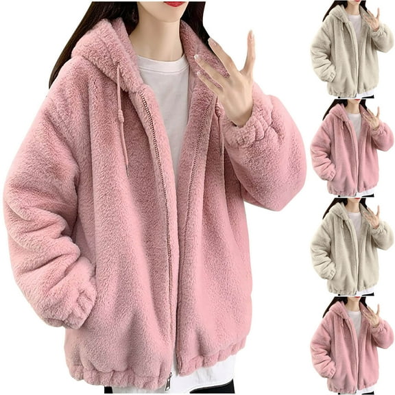 Antinious Womens Mid Length Fleece Jacket Women Thickened Zipper Coat with Hood,Jackets for Women Trendy,Casual Winter Coats for Women,Beige,M
