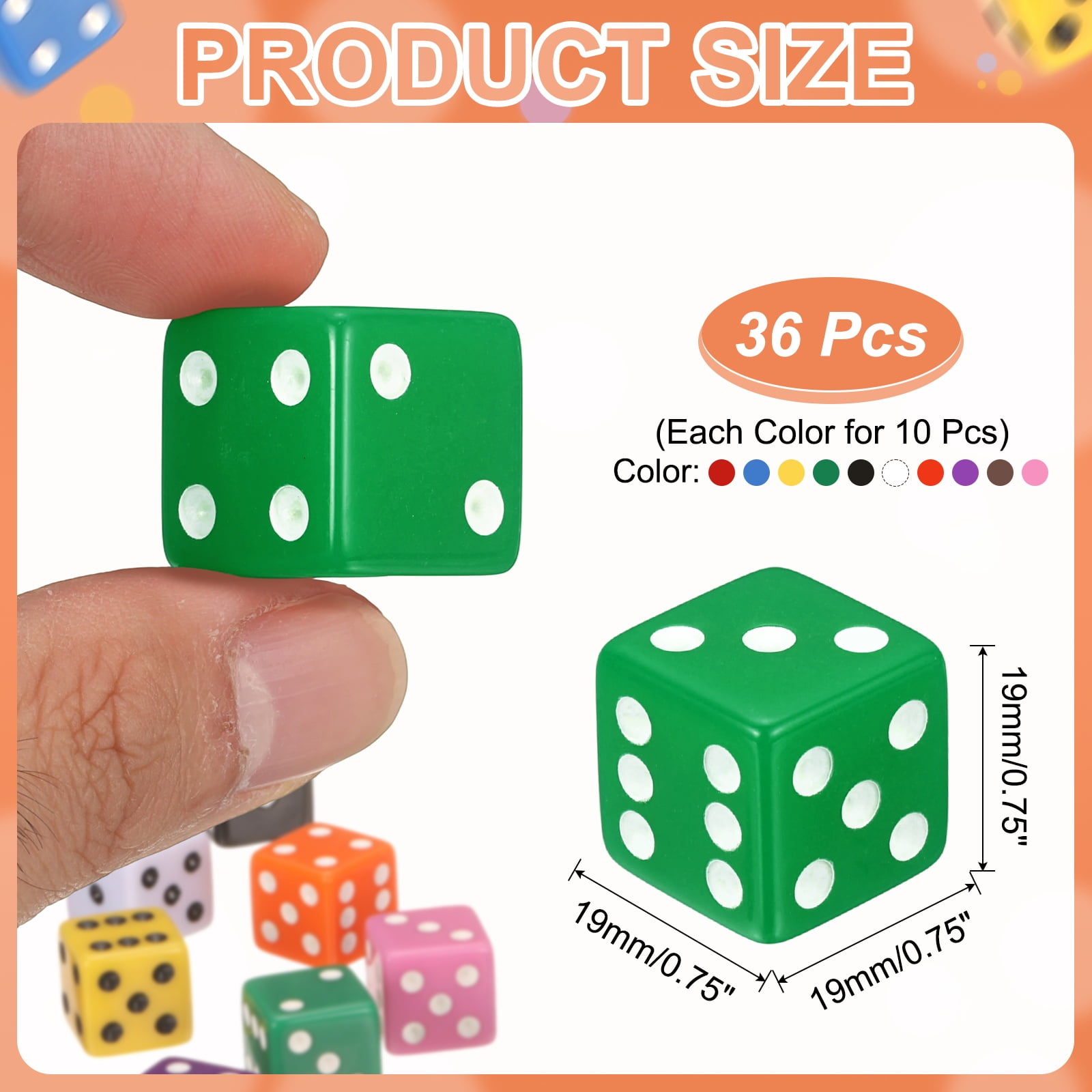 100Pack 6 Sided Acrylic Dice, 19mm/0.75" Large D6 Opaque Game Dice Bulk for Table Board Games Birthday Theme Party Fun Supply, 10 Colors