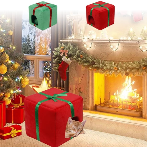 Fiudx Cama Navideña para Gatos, Estilo Caja de Regalo Festiva, Cojín Cálido y Acogedor, Base Antideslizante, Cómoda para Mascotas Pequeñas, Fácil de Limpiar, Tamaño 35 X 35 X 35 Cm