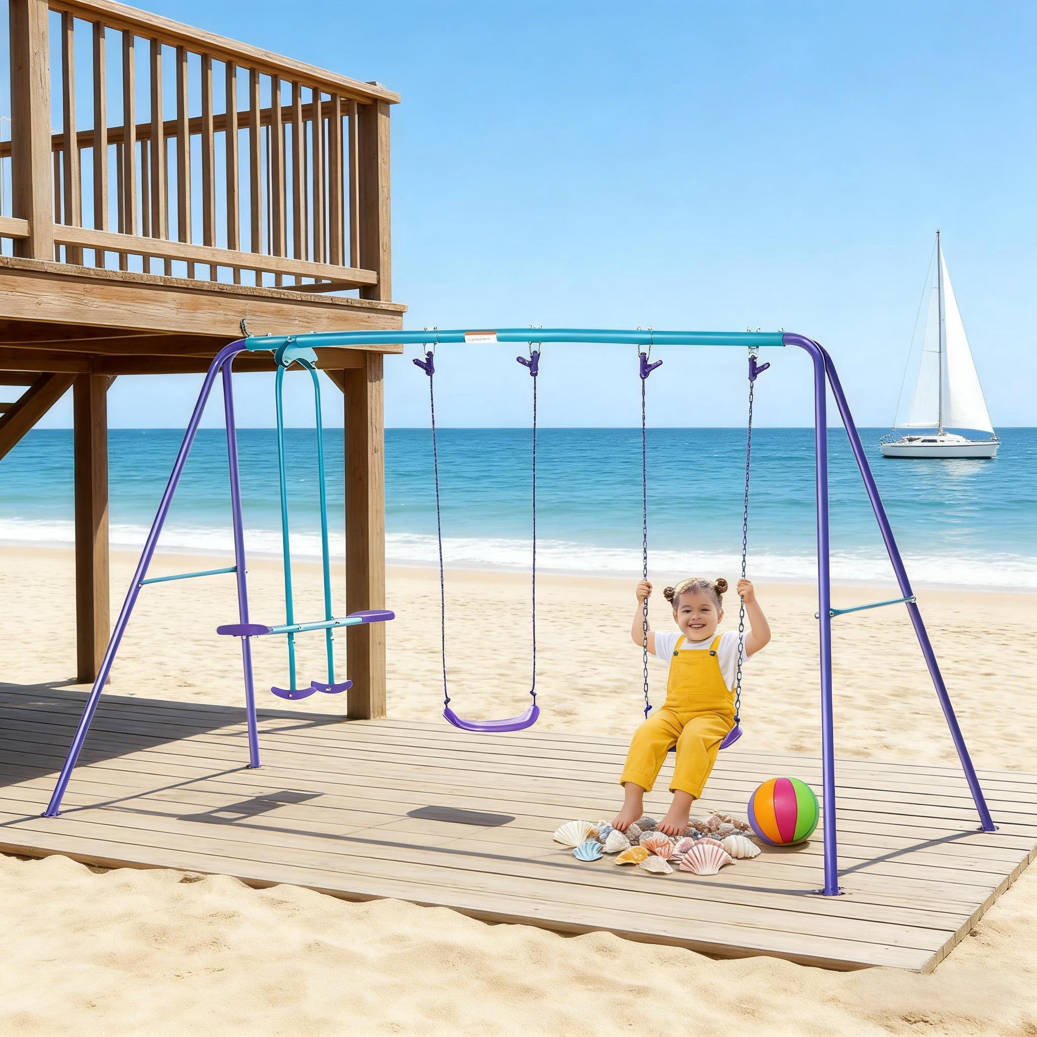 Kids Swing Set 2 Swing Seats + Glider 396 lbs Capacity A-Frame Steel for Backyard Ages 3+