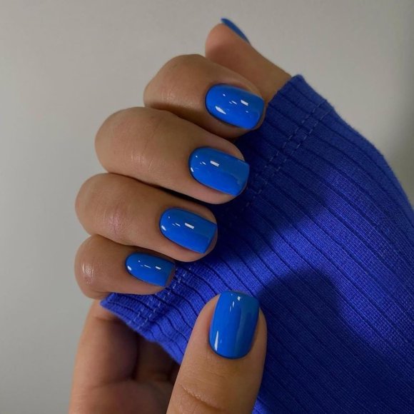 TRAHOO-Blue Press on Nails Short Square, Short Fake Nails Glue on Short Square Nails Press ons, Soft Gel Glue on Nails Short Stick on Nails for Women Thick Solid Color Acrylic Nails 24pcs