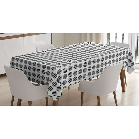 Black and White Tablecloth, Abstract Classic Modern Style Geometry Pattern with Striped Rounds, Rectangle Satin Table Cover Accent for Dining Room and Kitchen, 60" X 84", Black and White, by Ambesonne