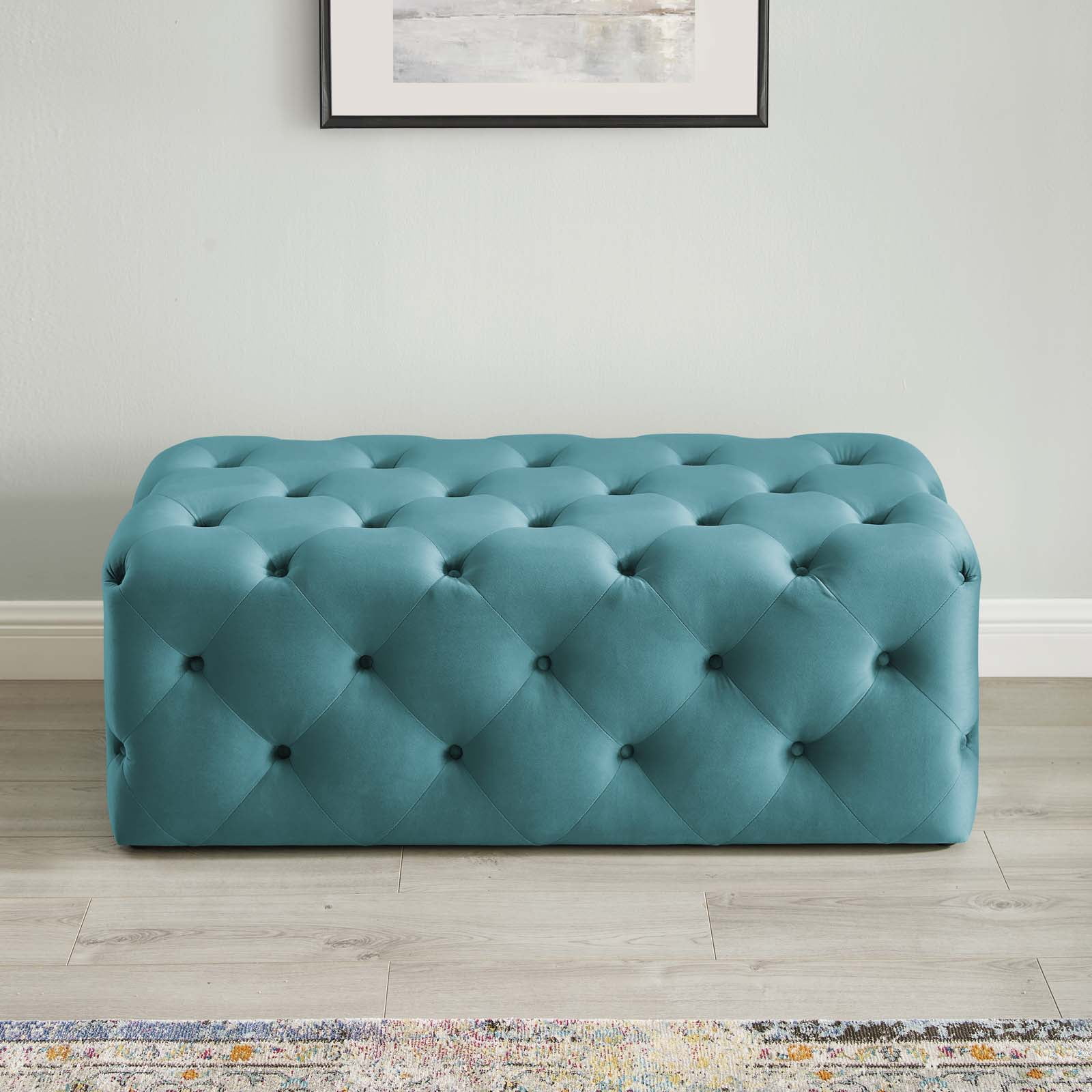 Modway Amour 48" Tufted Button Entryway Performance Velvet Bench in Sea Blue