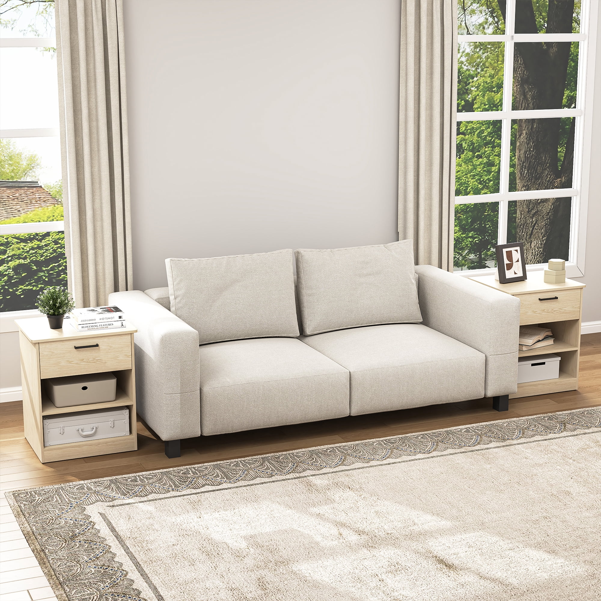 Demi Bonn 18.9" Side Table with Fast Charging Station USB C Cable Fast Charging, Wood End Table Nightstand with Drawer and Shelf for Living Room, Beige