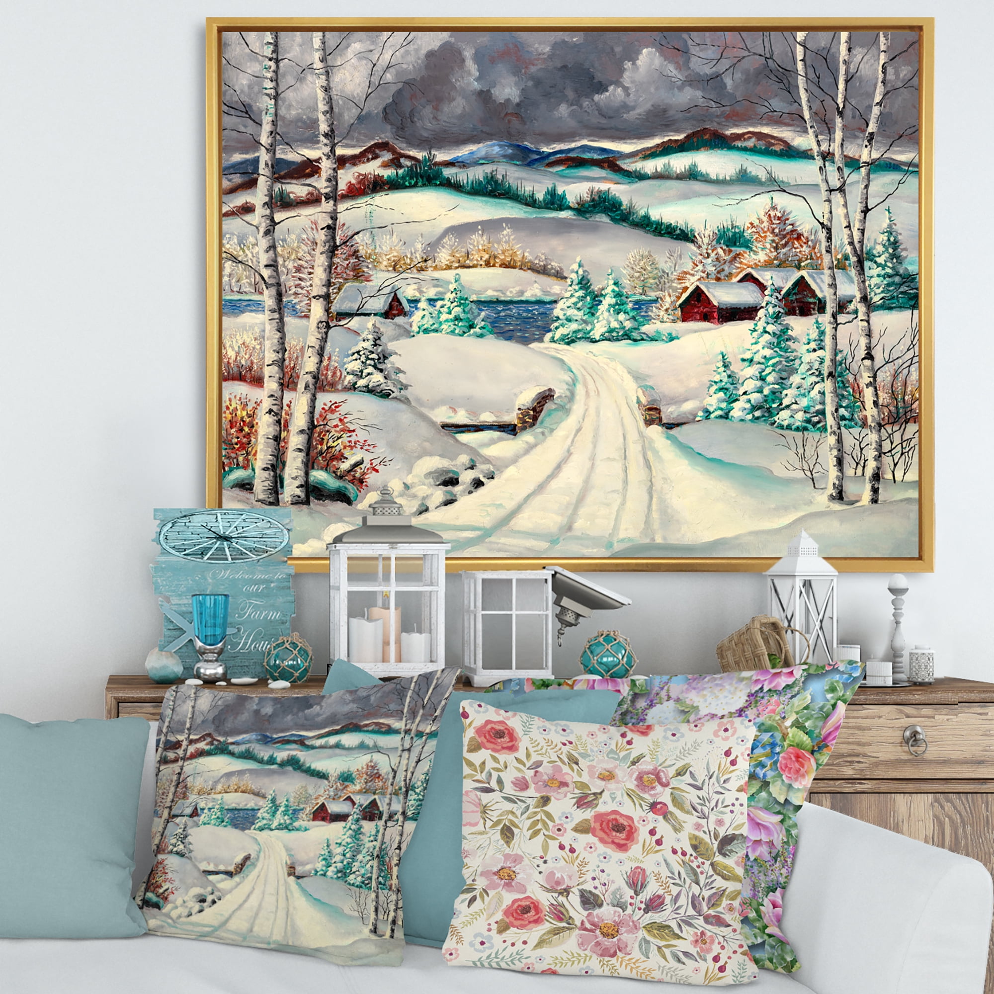 Designart 'Snowy Road In Countryside Winter Landscape' Traditional Framed Canvas Wall Art Print