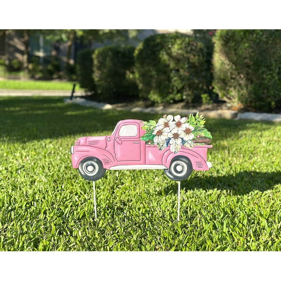 Garden Stake Large Vintage Patel Pink Pickup Truck W Flowers Metal Spring Summer Lawn Yard Entry Colorful Decor Outdoor Home Business 18"x18"