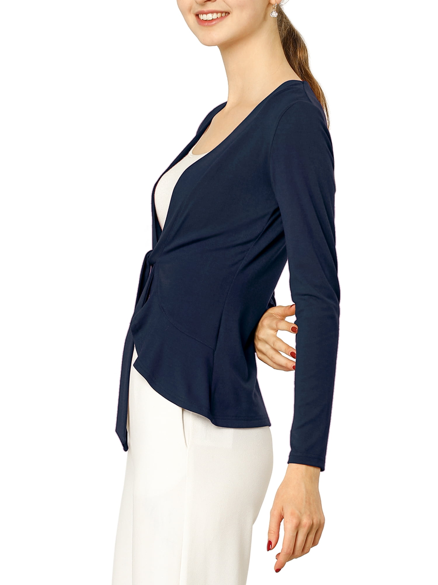 DARING DIVA Women's Tie Front Ruffled Hem Crop Knit Cardigan XS Blue