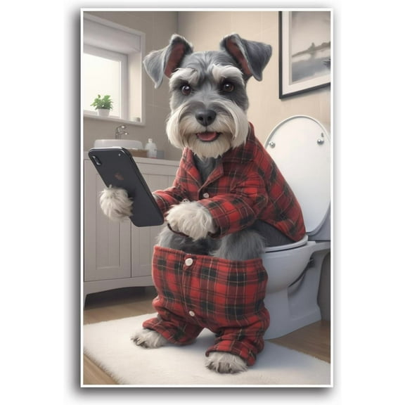 AVOI Schnauzer fun toilet art mini schnauzer on mobile modern home decor kids pet bathroom prints funny bathroom wall decor animals in toilet creative bathroom decor poster wall art Unframe: 16x20in