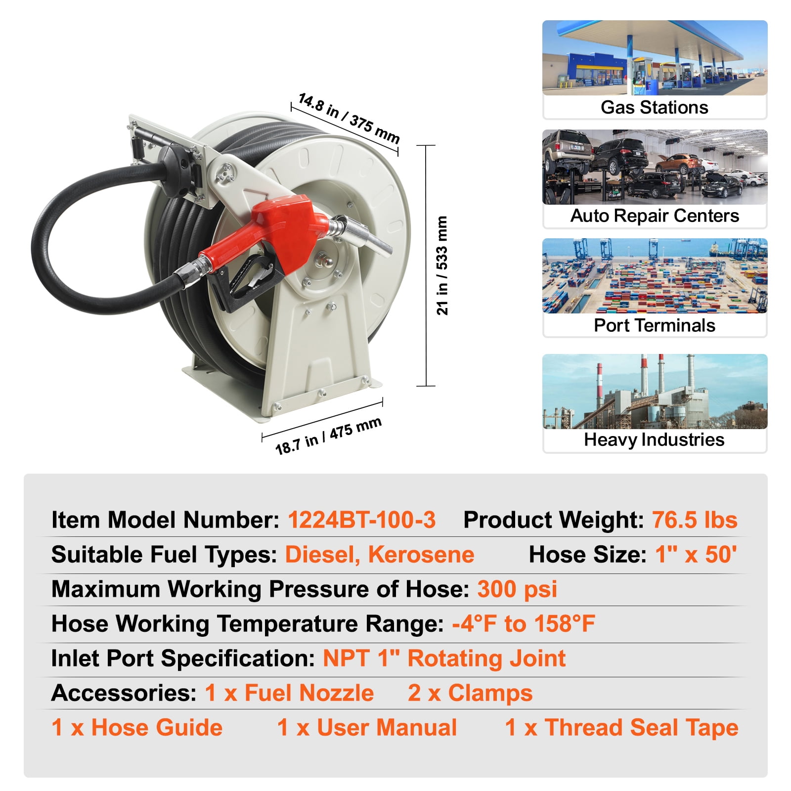 VEVOR Fuel Hose Reel Retractable Diesel Hose Reel 1" x 50' Auto Refueling Nozzle