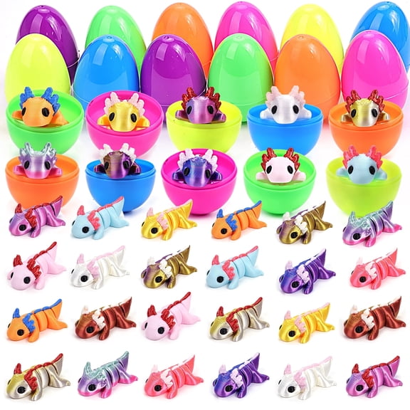 24 pcs Easter Egg with 3D Printed Axolotl Figure, Flexible Articulated, Multicolor Axolotl Figures, Pre-Filled Easter Eggs for Party Favor, Classroom Prize, Easter Eggs Hunt, Easter Basket Stuffers