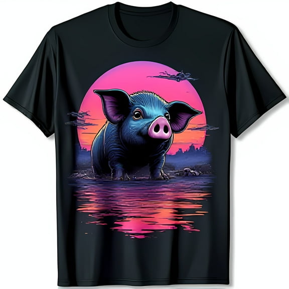 Retro 80's Pig Graphic Black T-Shirt Vibrant Sunset Design