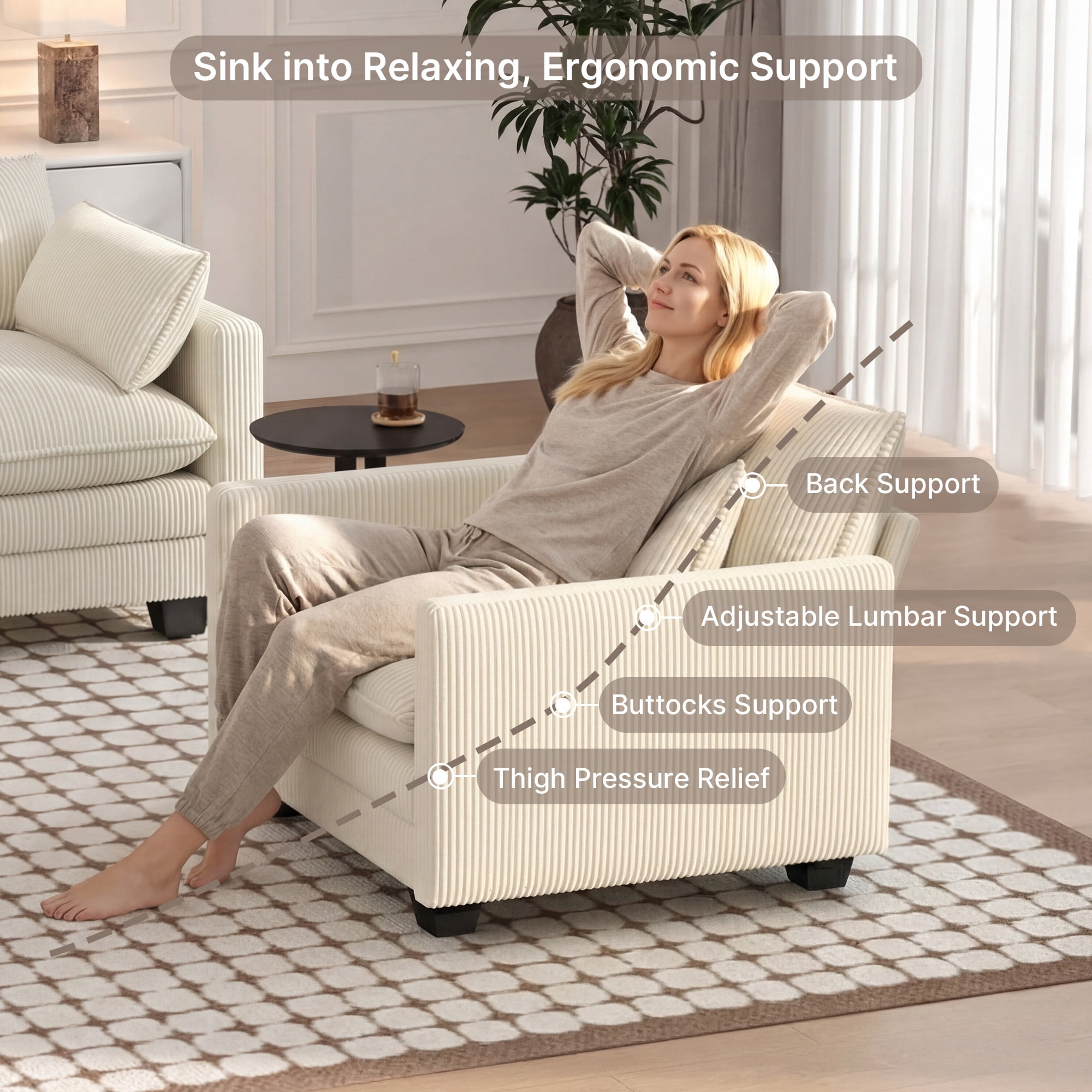 Oversized Single Sofa Chair with Pillow, Noelse Deep Seat Comfortable Cloud Accent Chair, Modern Corduroy Sofa Chair for Living Room Bedroom, Beige