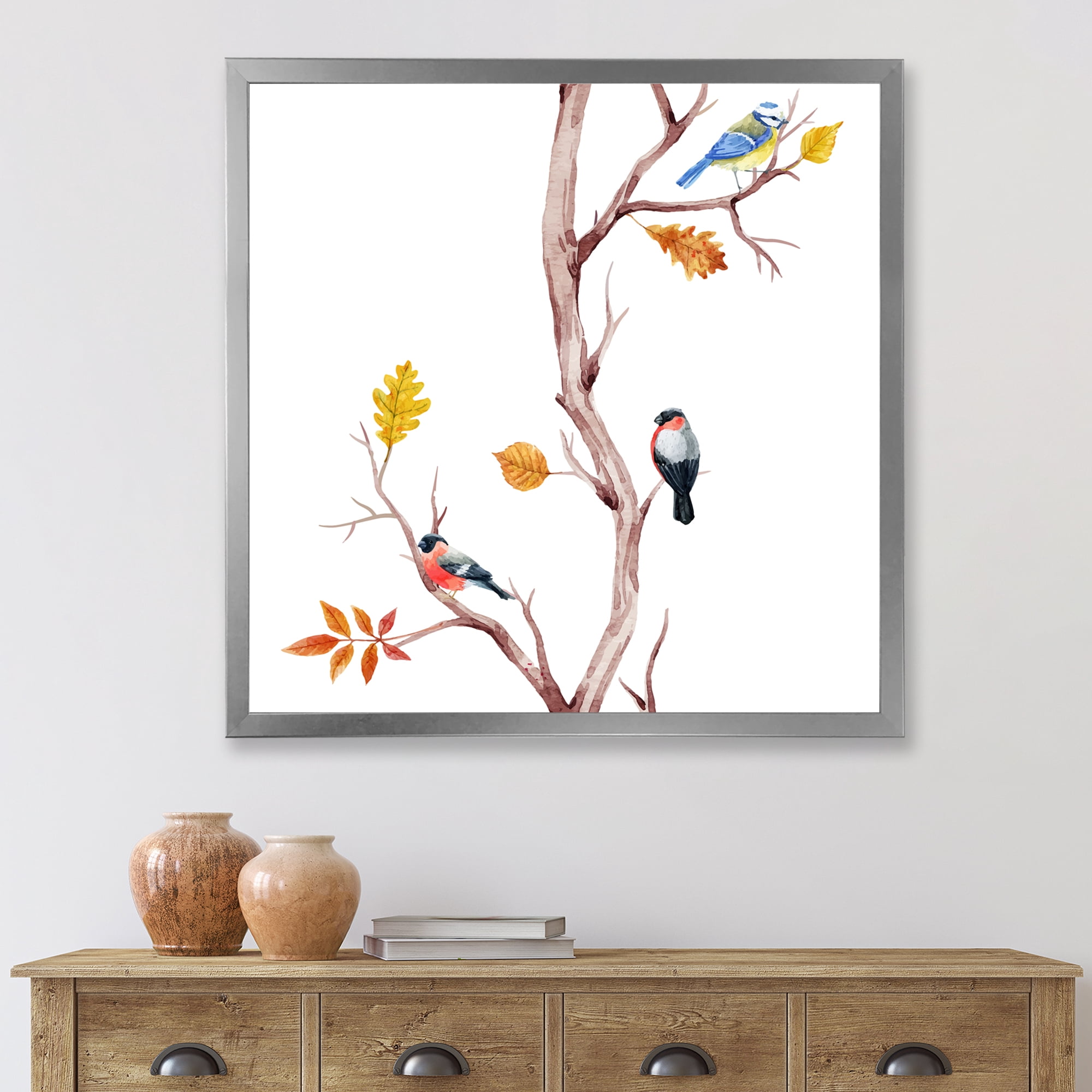 Designart 'Little Birds Sitting On The Tree Branches IV' Traditional Framed Art Print