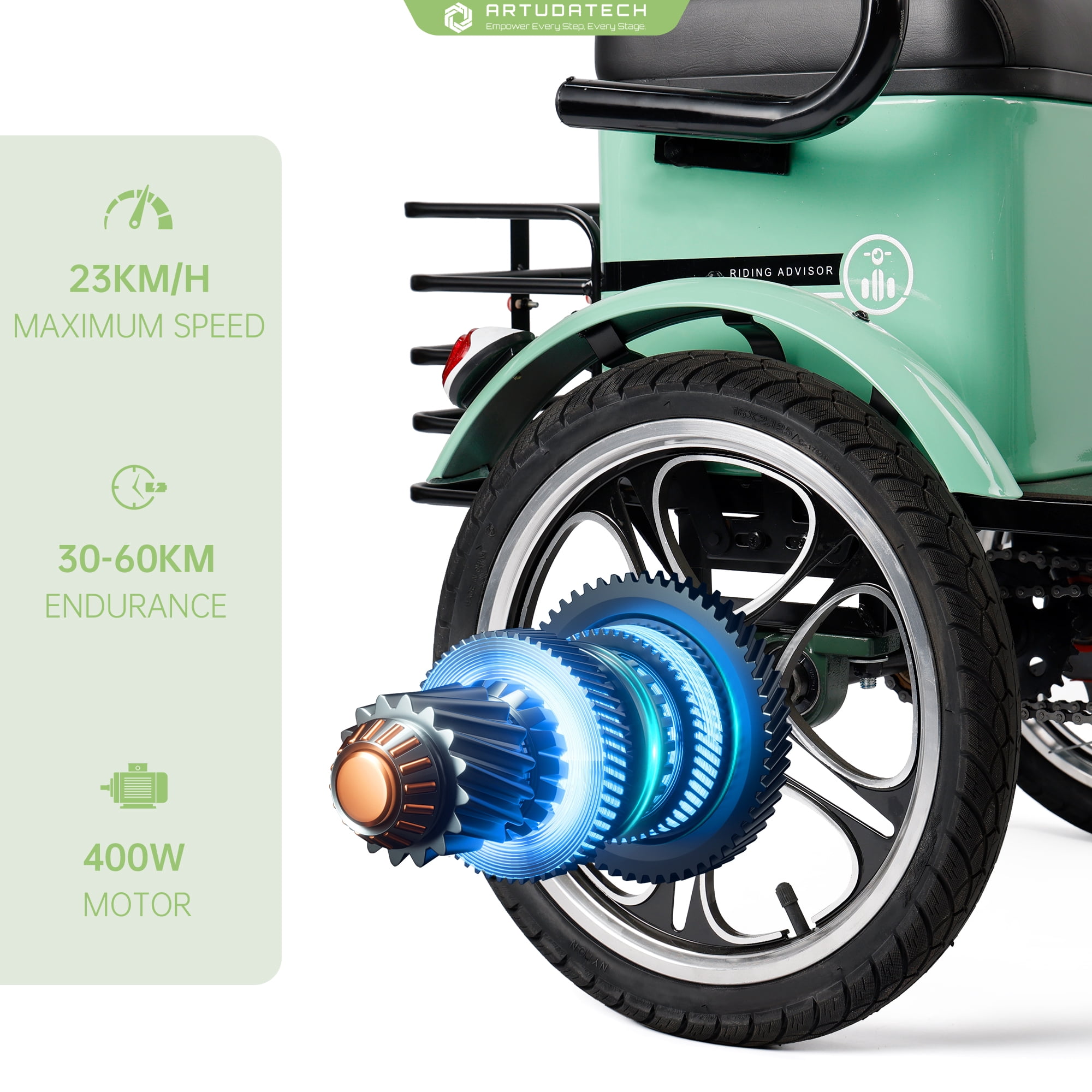 ARTUDATECH Triker Electric Bike, 400W Folding Trike Ebike, 3 Wheel Electric Bicycle, Up to 34 Miles, 16 Tire Tricycle for Adults, Green