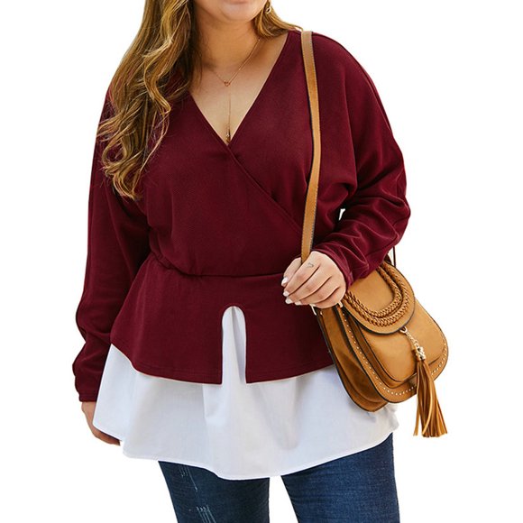 KVMeteor Women's Plus Size Sexy Deep V Neck Stitching Long Sleeve Tops