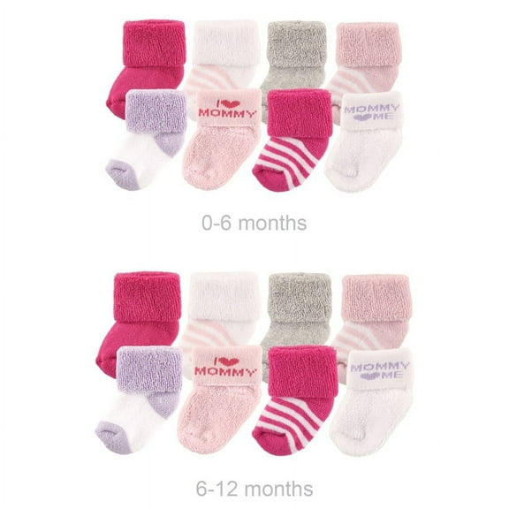 Luvable Friends Infant Girl Grow with Me Cotton Terry Socks, Pink Mom, 0-6 and 6-12 Months