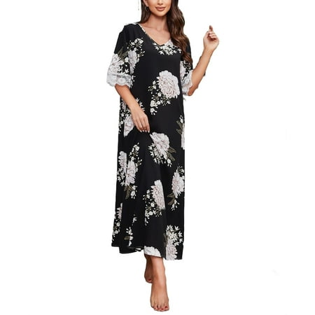 

Elegant Floral V neck Sleepshirts Black 3/4 Sleeve Women Nightgowns & Sleepshirts