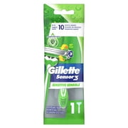 (4 pack) Gillette Sensor3 Sensitive Mens Disposable Razor, 1 Razor, Green