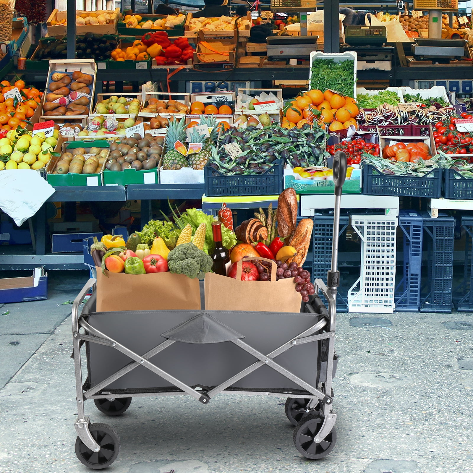 Garden Folding Cart, 600d Oxford Cloth Steel Frame Flat Folding Style Grey Cloth Silver Frame, 74.5*45.5*84cm 100kg