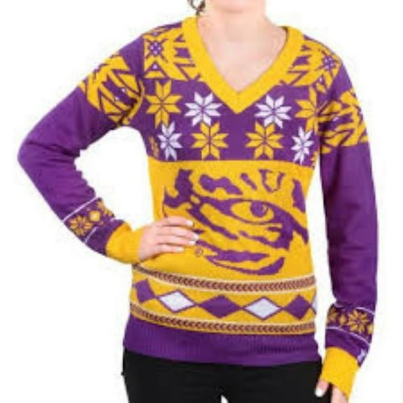FOCO NCAA LSU Tigers Women's Big Logo V-Neck Sweater - Small