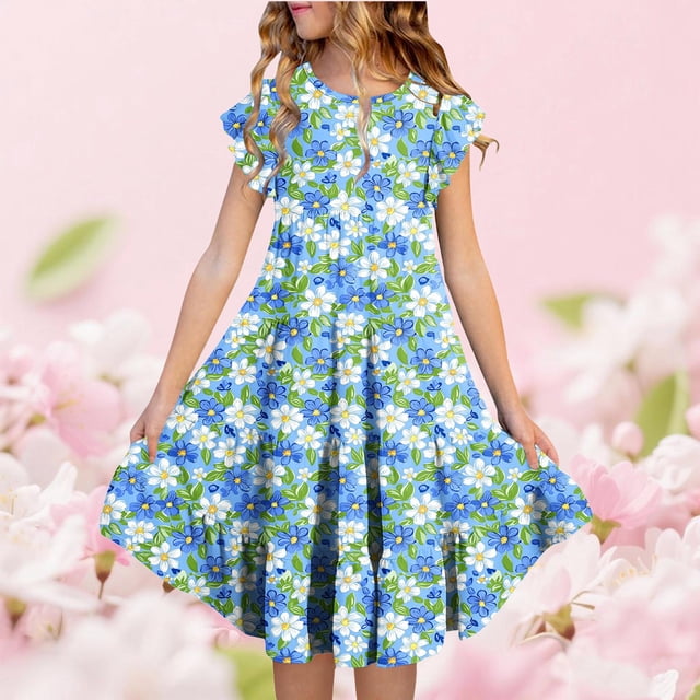 Zpanxa Robes d'Été pour Filles Manches Courtes Volantées Col Rond Imprimé Floral Taille Poche Robe Superposée Polyester Spandex Multicolore 6-7 Ans