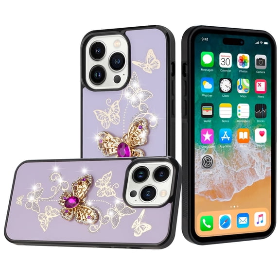 For iPhone 15 SPLENDID Diamond Glitter Ornaments Engraving Case Cover - Garden Butterflies Purple