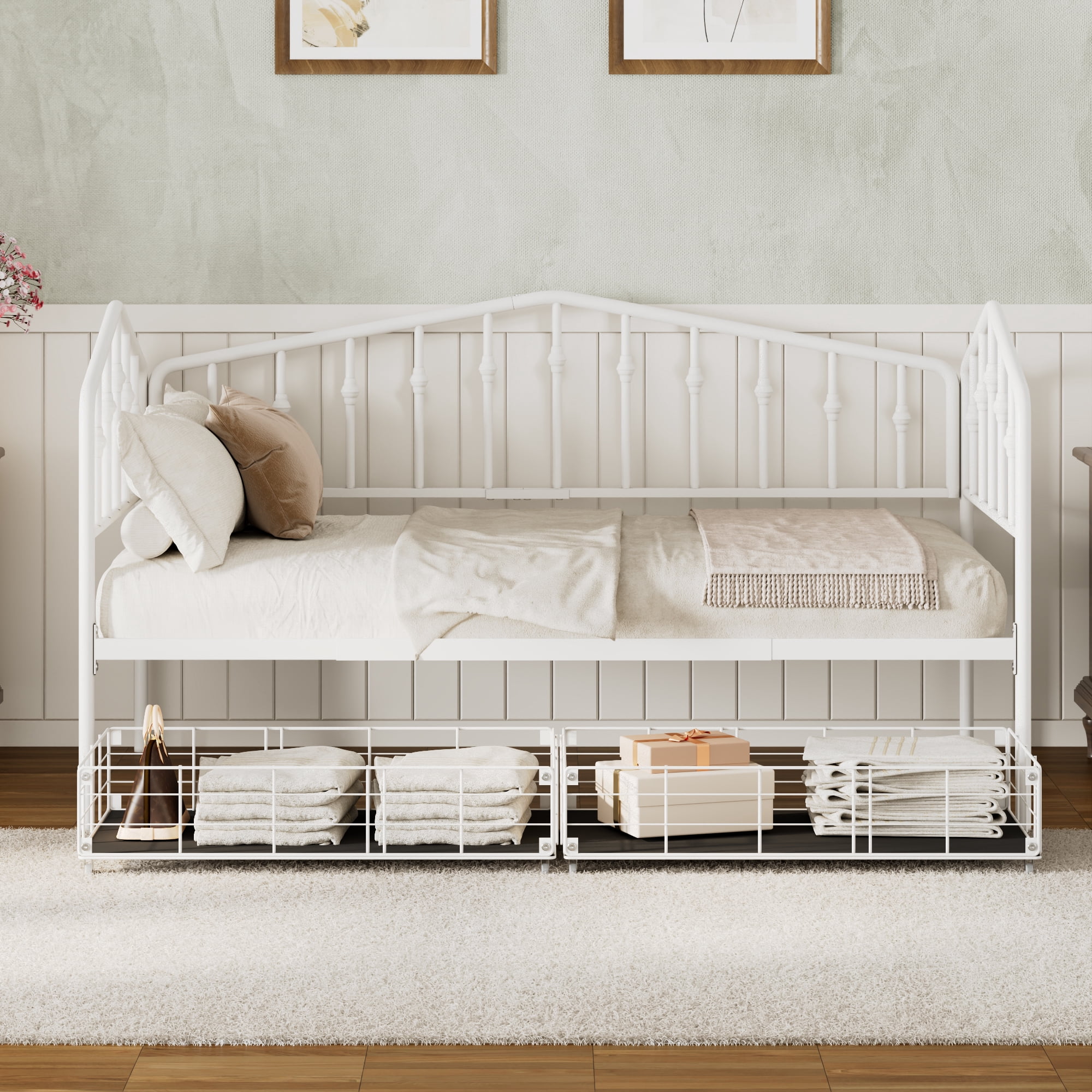 GARITIN Twin Size Metal Daybed with 2 Drawers, Storage Daybed Frame with Drawers for Bedroom Guest Room, White