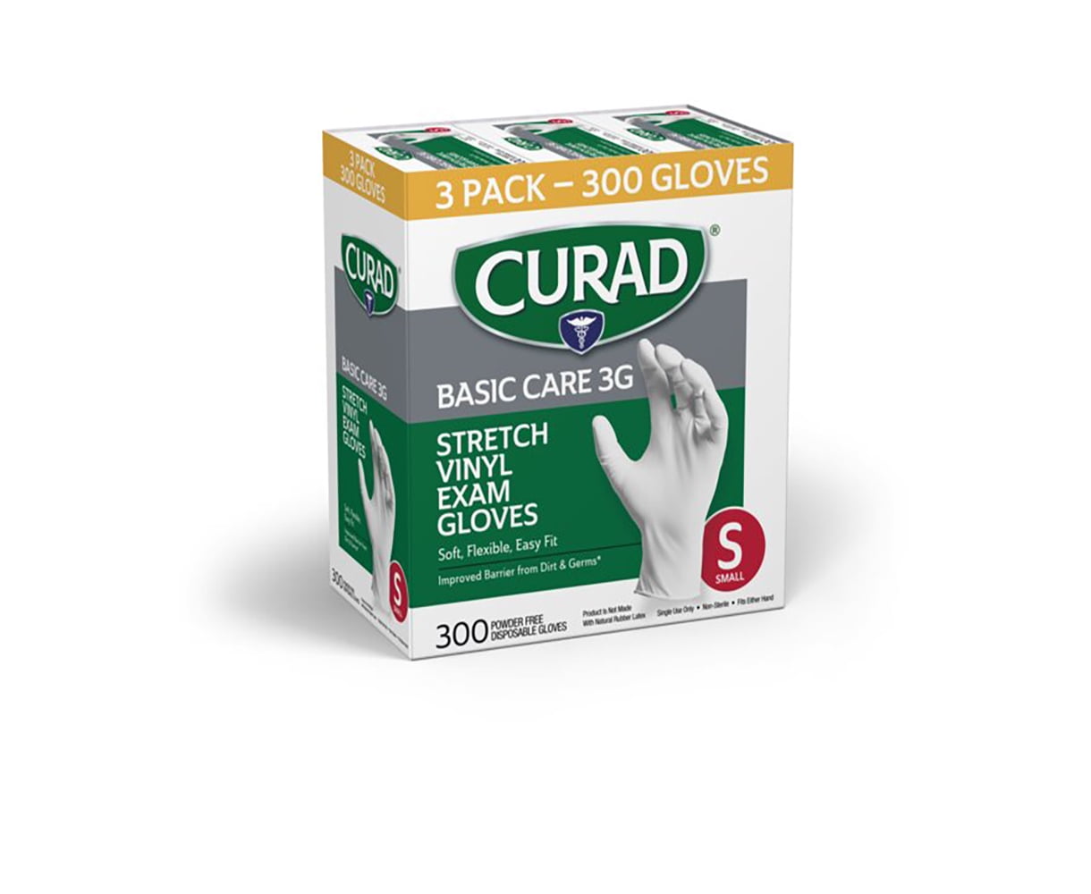 Curad Basic Care 3G Vinyl Exam Gloves, Small, 300 CT