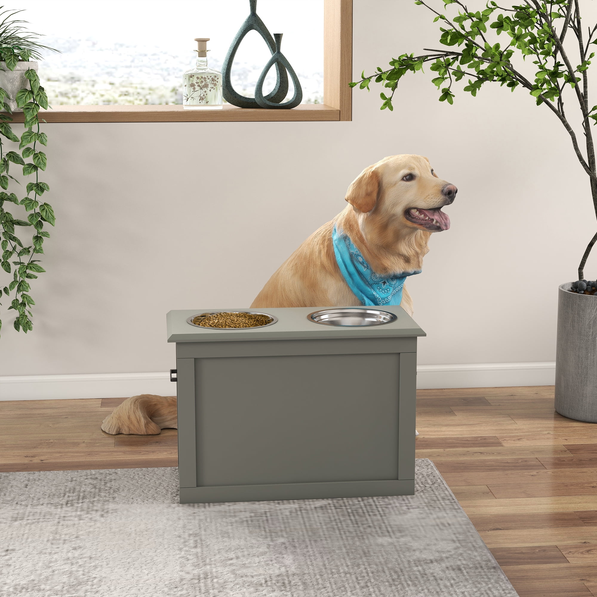 Raised Pet Feeding Storage Station with 2 Stainless Steel Bowls Base for Large Dogs and Other Large Pets, Gray