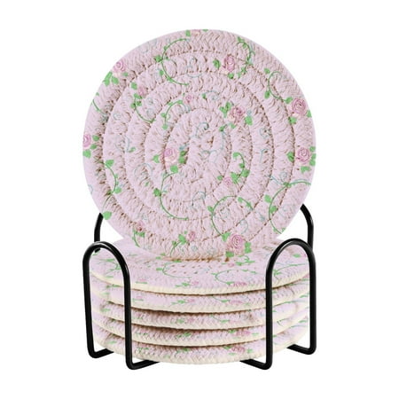 

6 Pcs Drink Coasters with Holder Absorbent Coasters Minimalist Home Decor Coaster Set Stylish Handmade Round Woven Coaster for Drinks Table Desk Protection Chic Rose Pattern