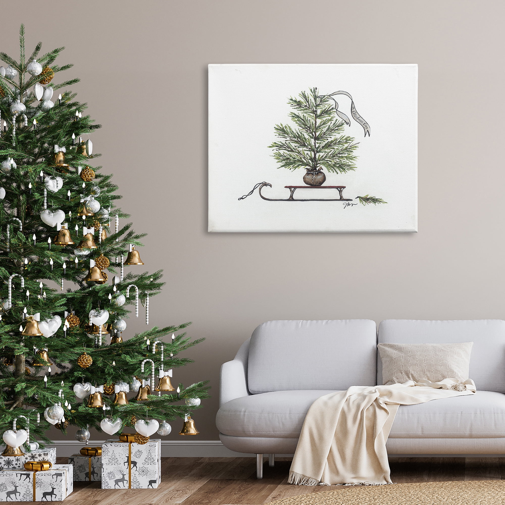 Endearing Christmas Fir Tree Sleigh Festive Ribbon Botanical & Floral Painting Gallery-Wrapped Canvas Print Wall Art