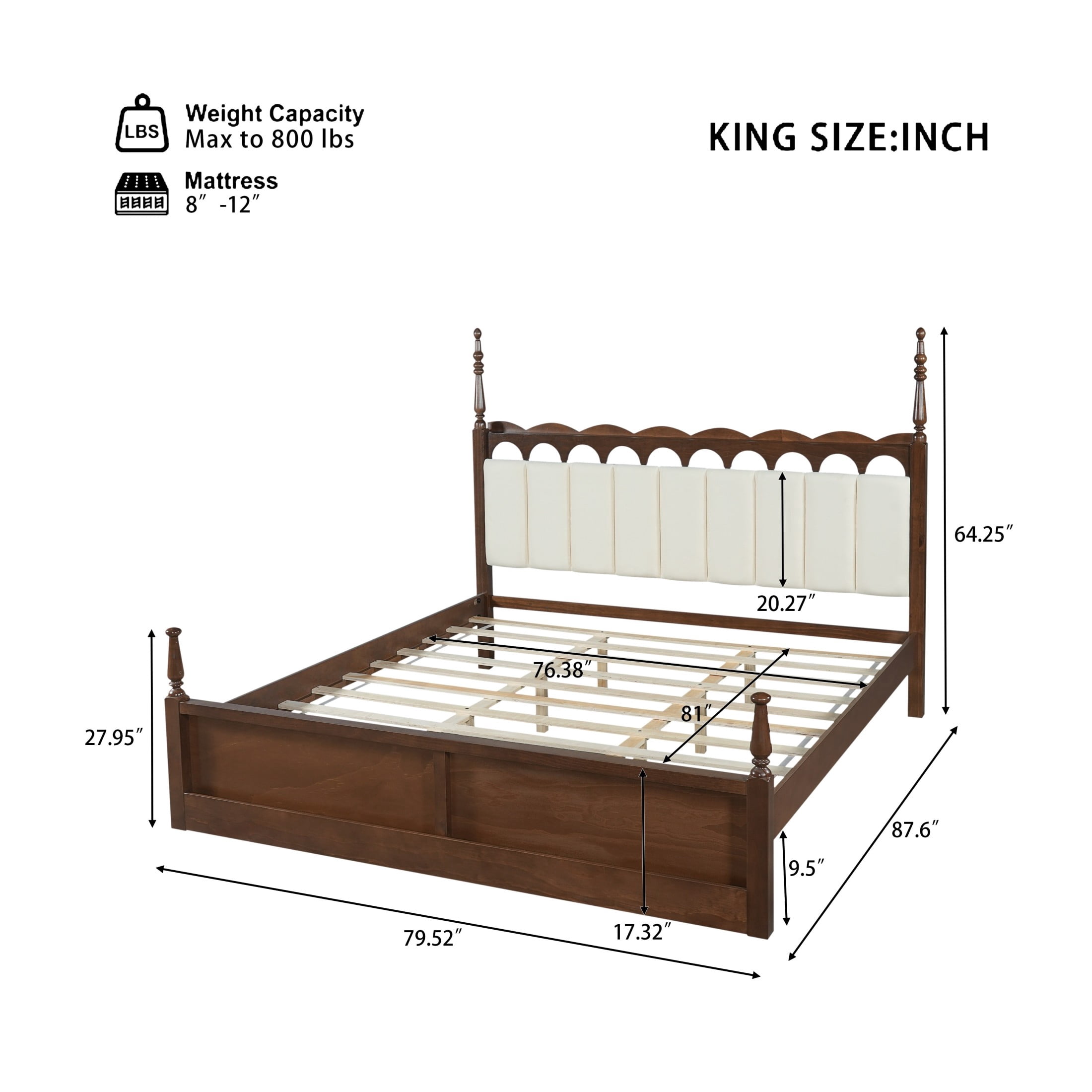Christopher Knight Home King Wood Bed Frame with Scalloped Tufted Chenille Headboard, Brown+Beige