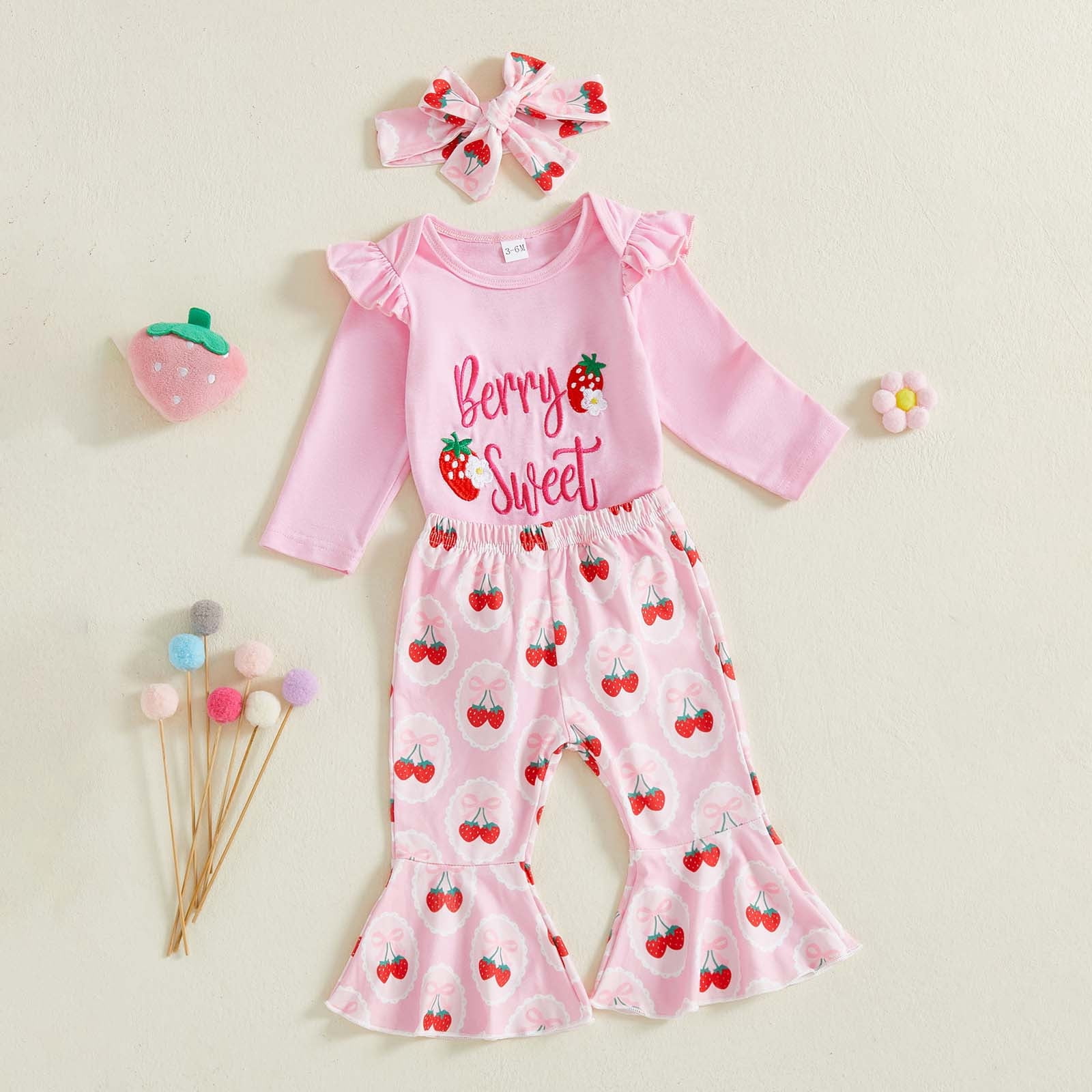 Gelikeya Baby Girl First Birthday Outfit Long Sleeve Berry Romper Strawberry Flare Pants Bow Cake Headband 3pcs Valentines Spring Fall Clothes, Pink & 6-12 Months