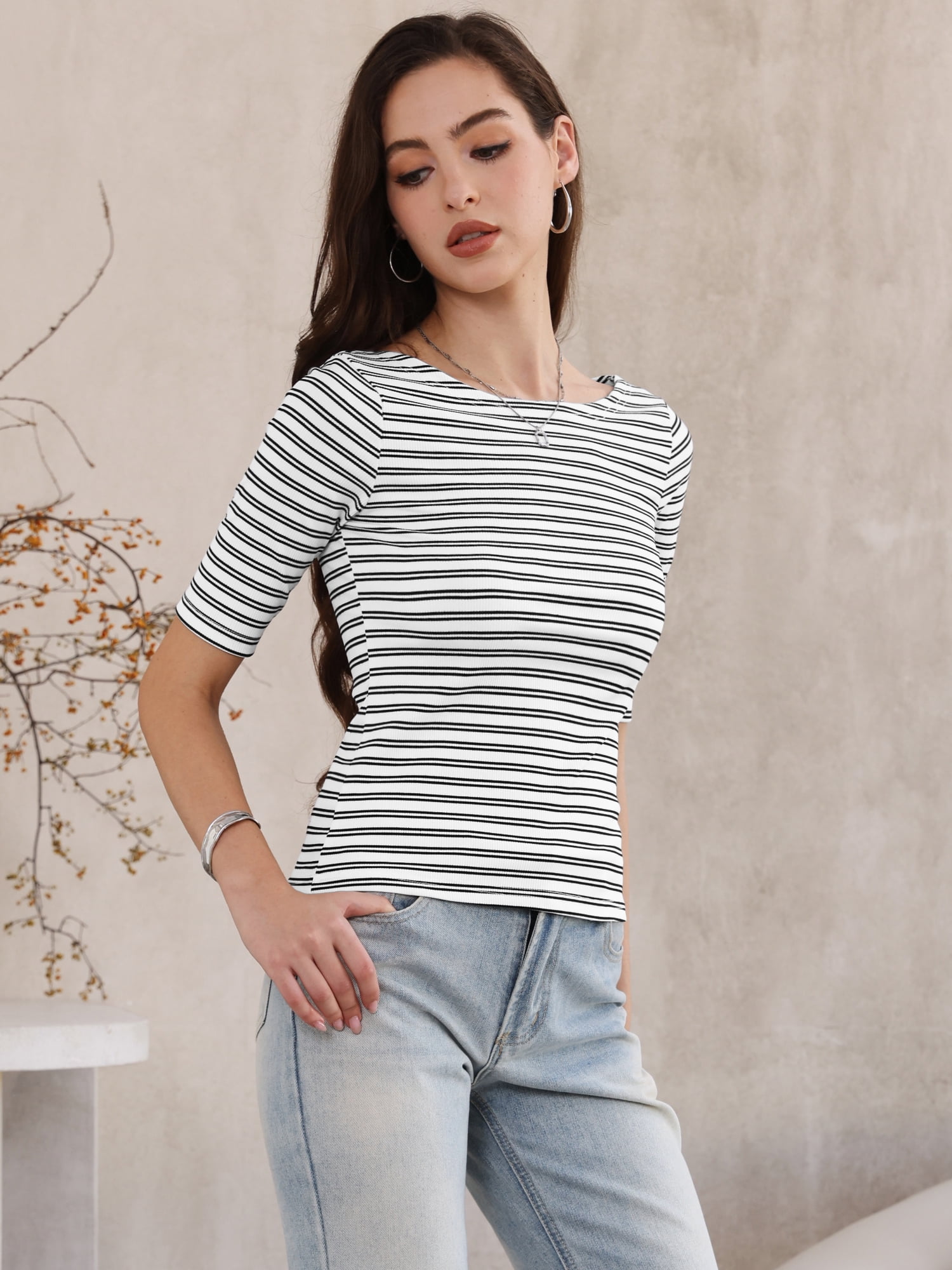 DARING DIVA Women's Striped Boat Neck Half Sleeve Tops Slim Fit rendy Outfits XS White