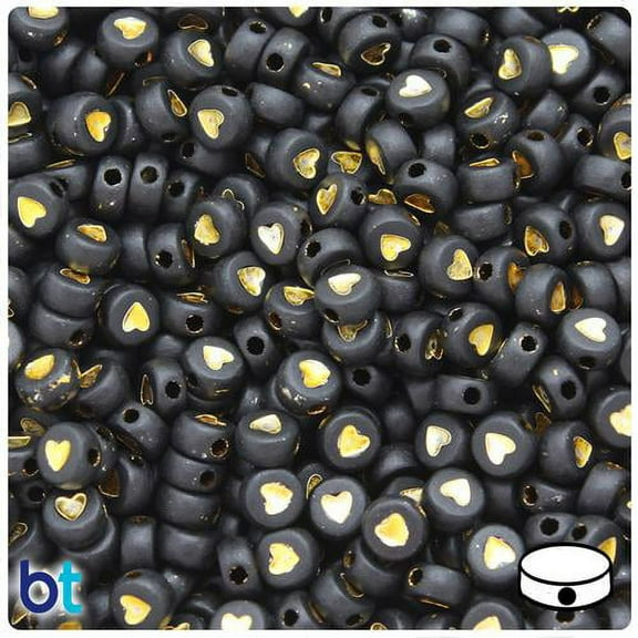 BeadTin Black Opaque 7mm Coin Alpha Beads - Gold Heart (250pcs)
