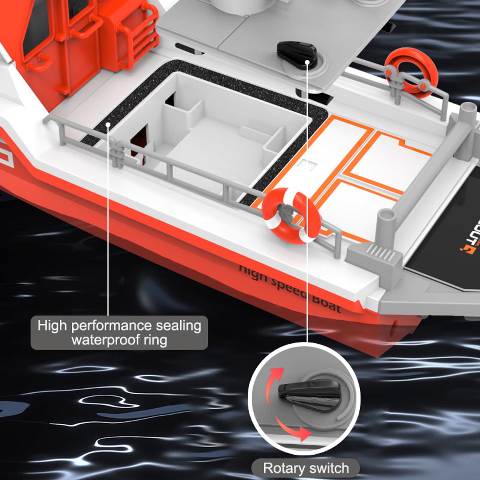 Remote  Boat,Low Battery Alarm Ship With Motor With Motor Low Battery Alarm Pools And Lakes Toy Pools And Lakes Remote Boat Rescue Alarm Pools And Boat Rescue Ship White and Orange