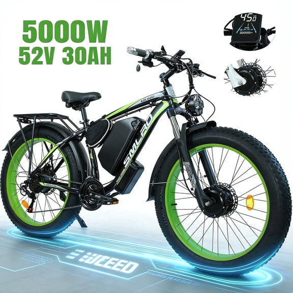 5000W (Peak) Electric Bike for Adults, 26x4.0 Fat Tire E-Mountain Bicycle, 52V-30Ah Removable Battery Ebike, Electric Motorcycle Beach Snow Ebike for Men, Green