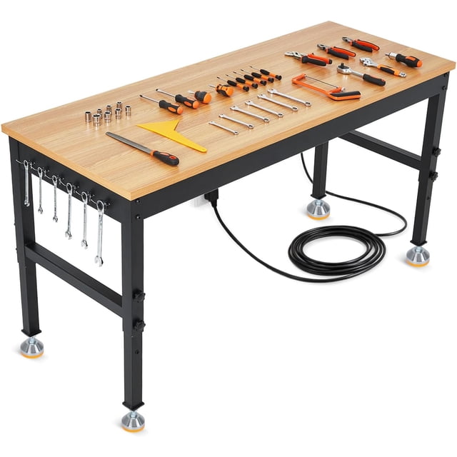 48 In Adjustable Height Workbench with Heavy-Duty Rubberwood Top and Built-In Power Outlets - 2500 LB Capacity Table for Garage Workshop Office