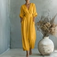 thumbnail image 2 of Jumpsuits for Women V Neck 5/4 Sleeve Tighten Waist Wide Leg Jumpsuit Loose Flowy Solid Color Jumpsuit with Pockets Trendy Outfits Clothes, 2 of 6