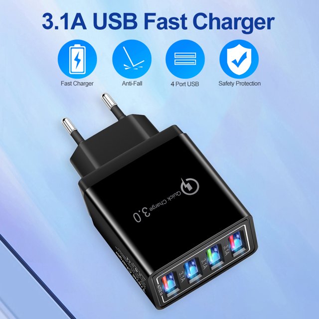 USB de carga rápida rápida 4 puertos LED cargador de teléfono adaptador de corriente UE (negro)